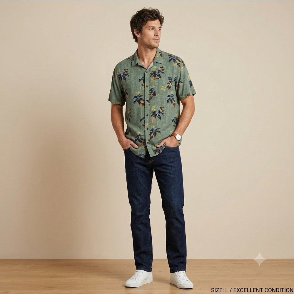 Men's Billabong Green Hawaiian Button Down Short Sleeve Shirt Size L